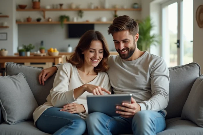 Couple consultant leur compte bancaire en ligne ensemble sur une tablette dans leur salon moderne