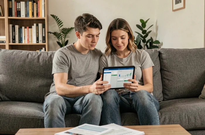 Jeune couple consultant ensemble une application de crédit sans justificatif sur tablette dans leur salon