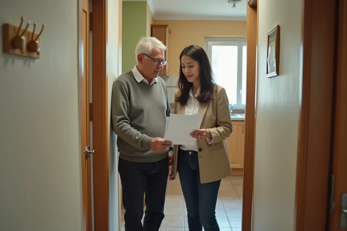 Couple de fonctionnaires passant en revue leur contrat d'assurance habitation dans le couloir de leur logement de fonction
