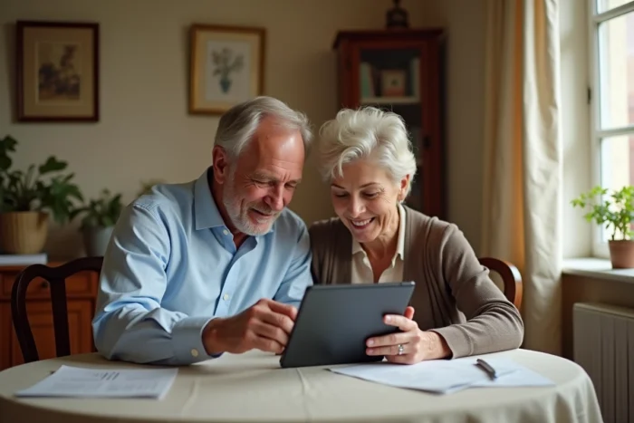 Couple vérifiant ensemble leurs relevés de compte bancaire en ligne sur une tablette à domicile