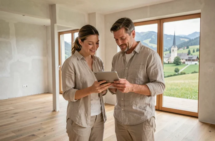 Couple suisse inspectant l'intérieur d'une maison neuve en fin de construction