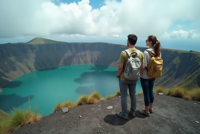 Couple de voyageurs admirant un lac de cratère volcanique turquoise depuis le bord d'un volcan en Asie du Sud-Est