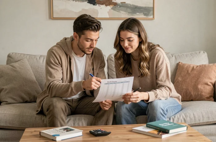 Couple planifiant ensemble leur budget mensuel sur un canapé avec des documents financiers imprimés