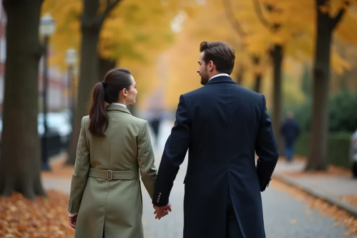 Couple main dans la main se promenant sur une rue pavée en automne, illustrant la complicité et la durée d'une relation amoureuse