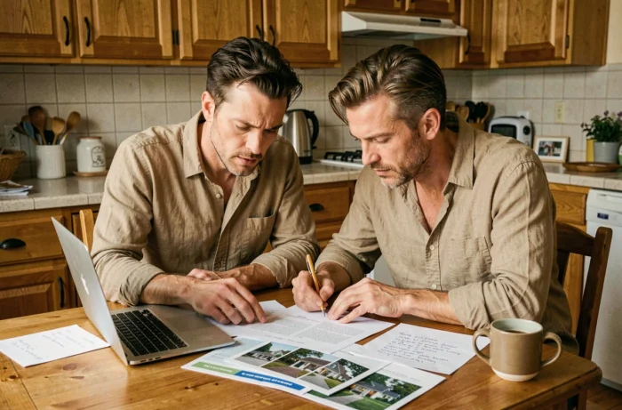 Couple étudiant des brochures immobilières et un site web pour préparer leur projet d'achat de logement