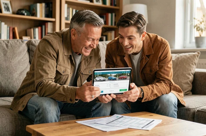 Couple recherchant ensemble une voiture d'occasion en ligne sur une tablette avec un budget imprimé