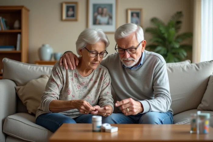 Couple de seniors examinant un pilulier et un bracelet d'alerte médicale dans leur salon pour mieux gérer leur santé à domicile
