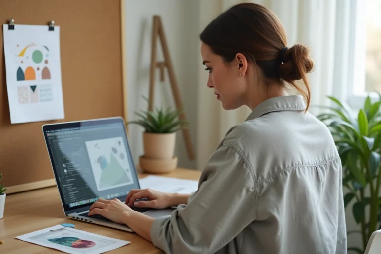 Femme créant une affiche personnalisée sur son ordinateur portable dans un bureau à domicile avec des échantillons imprimés