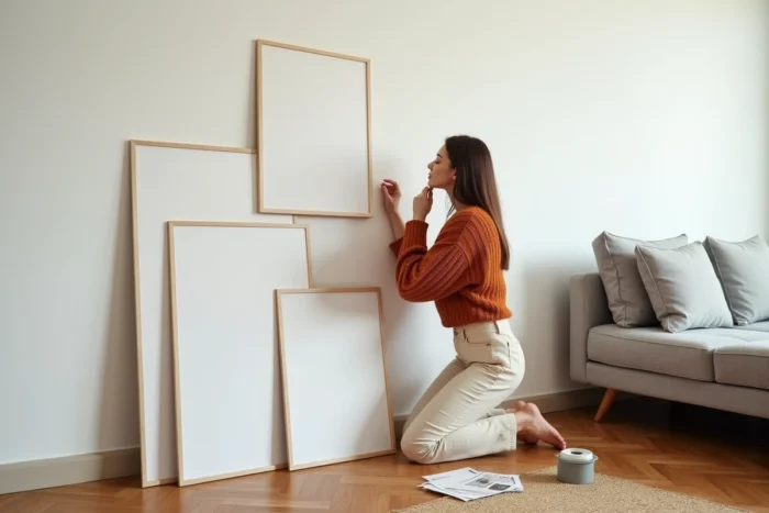 Femme arrangeant des affiches personnalisées imprimées contre un mur blanc dans un salon minimaliste