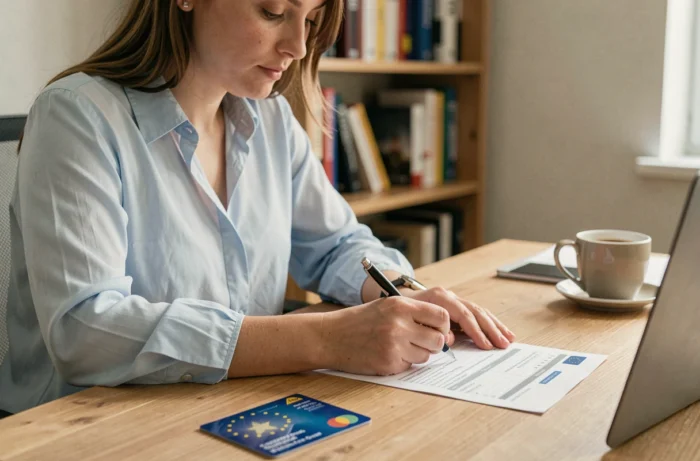 Femme remplissant un formulaire de demande de carte européenne d'assurance maladie à son bureau à domicile
