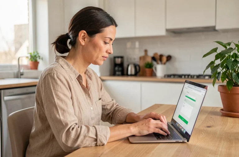 Femme utilisant un ordinateur portable pour faire une demande de crédit en ligne rapide depuis son domicile