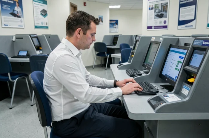 Homme utilisant un terminal informatique dans une agence Pôle Emploi pour rechercher des offres d'emploi