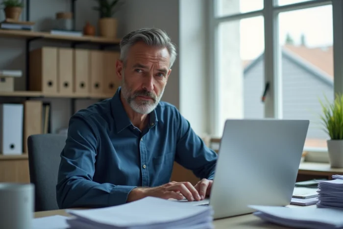 Homme travaillant depuis chez lui entouré de documents papier et d'un écran numérique, illustrant la transition vers la dématérialisation