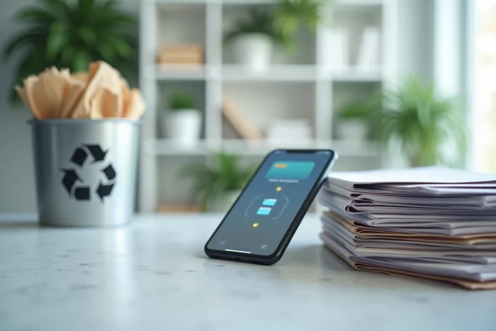 Comparaison entre documents papier et interface numérique sur smartphone, représentant les avantages de la dématérialisation