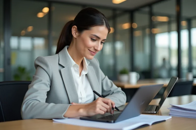 Femme en entreprise signant un document numérique sur tablette, symbolisant la dématérialisation des processus administratifs