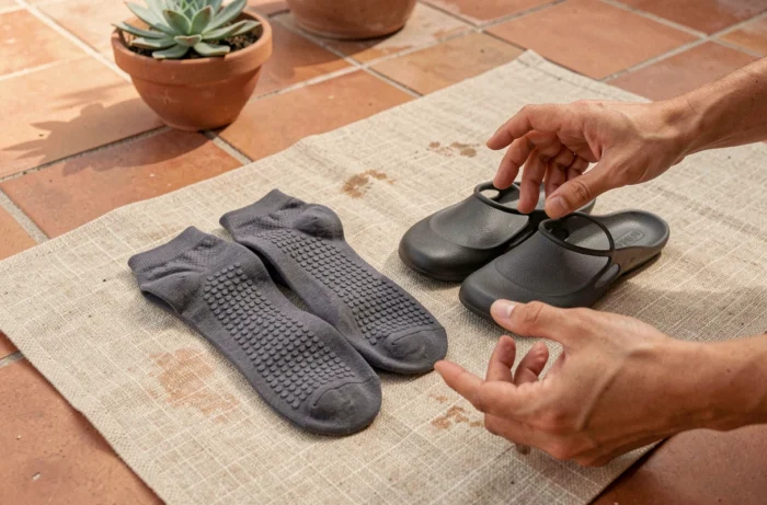 Gros plan sur des chaussettes antidérapantes et des chaussures de yoga flexibles posées sur un tapis en lin sur une terrasse en carrelage terracotta