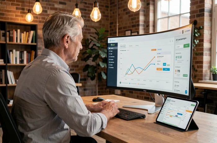 Dirigeant B2B analysant un tableau de bord de génération de leads sur un écran dans un espace de travail de style loft