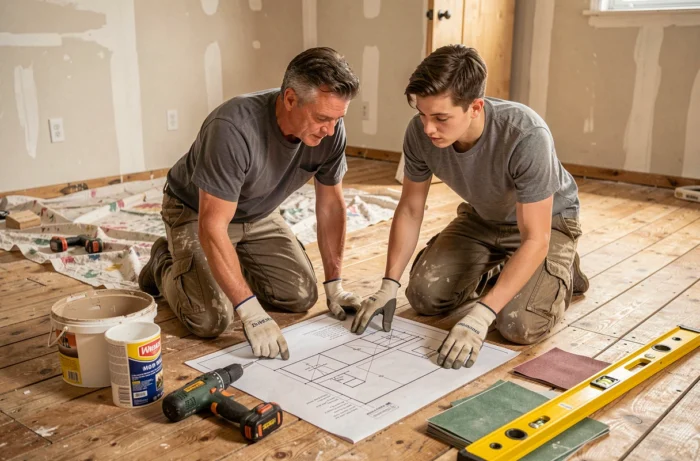Deux bricoleurs examinant un plan de projet sur le sol d'une pièce en cours de rénovation avec des outils autour d'eux