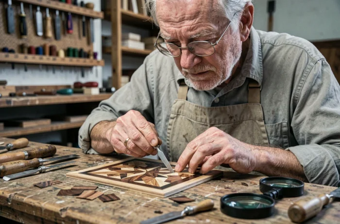 Ébéniste français âgé assemblant un panneau de marqueterie en bois précieux dans un atelier parisien