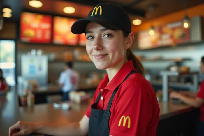 Employée McDonald's en uniforme préparant une commande derrière le comptoir d'un restaurant moderne