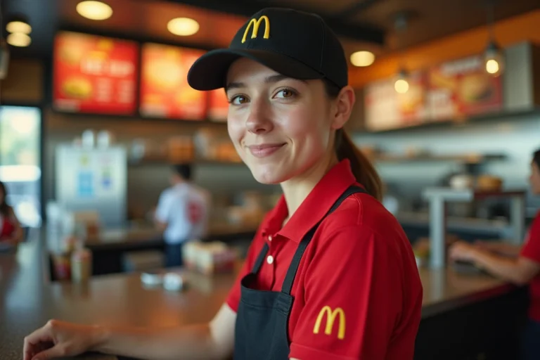 Employée McDonald's en uniforme préparant une commande derrière le comptoir d'un restaurant moderne