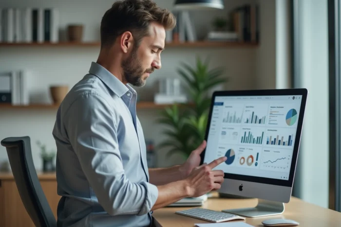 Entrepreneur masculin analysant des tableaux de bord analytiques sur une tablette dans un bureau à domicile minimaliste