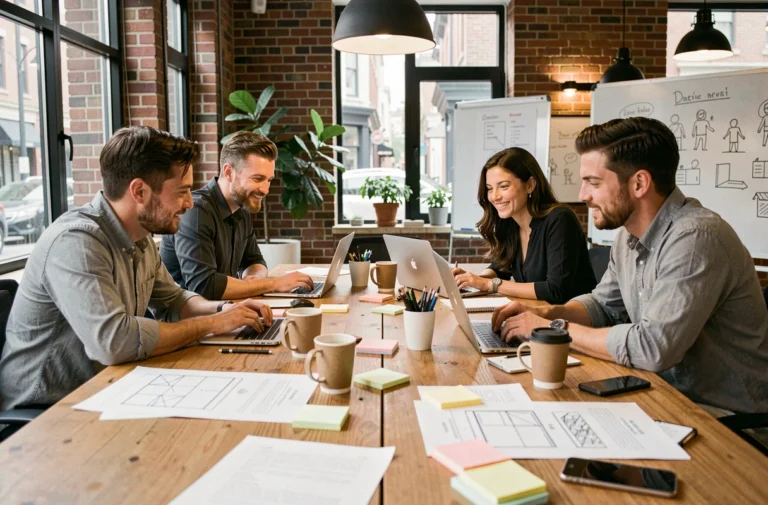 Équipe d'une agence web innovante collaborant autour d'une table de réunion moderne avec des wireframes et des ordinateurs portables