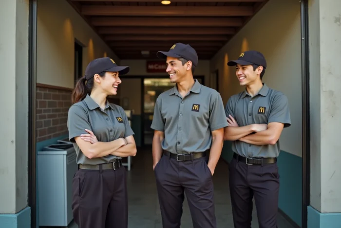 Groupe d'employés McDonald's en pause à l'extérieur du restaurant, souriant et discutant ensemble