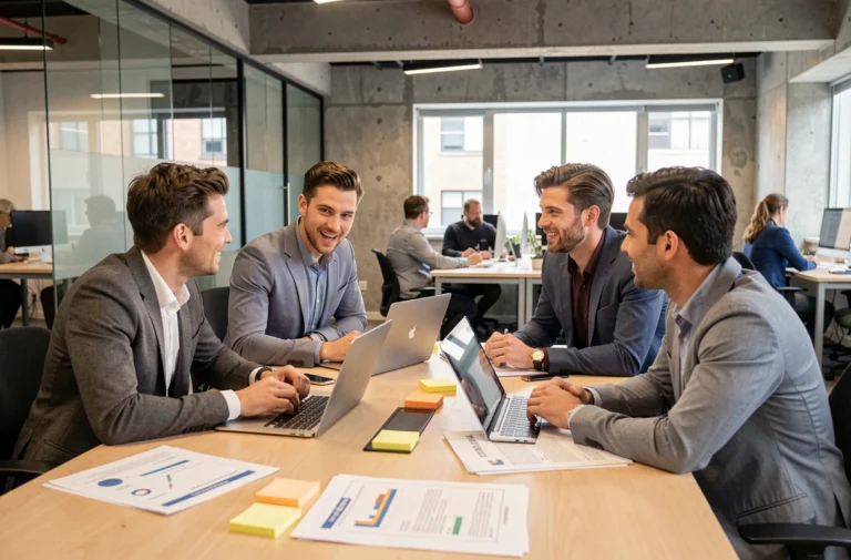 Équipe de professionnels collaborant autour d'une table de réunion dans les locaux d'une ESN moderne
