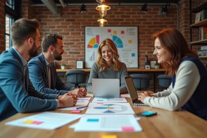 Équipe de professionnels en réunion collaborative autour d'une table de travail avec graphiques et ordinateurs portables
