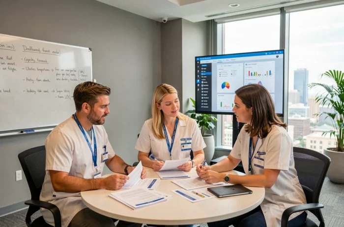 Équipe de professionnels de santé collaborant autour de ressources cliniques numériques et imprimées en salle de réunion
