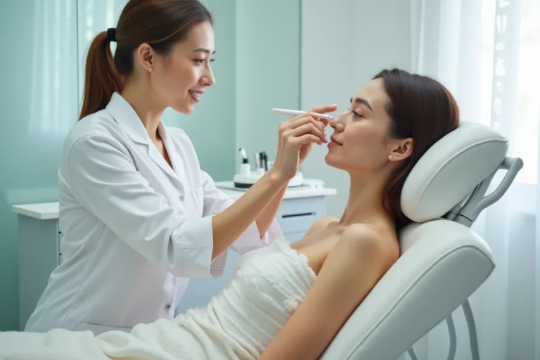 Esthéticienne professionnelle examinant la peau du visage d'une cliente dans un cabinet esthétique médical propre et moderne