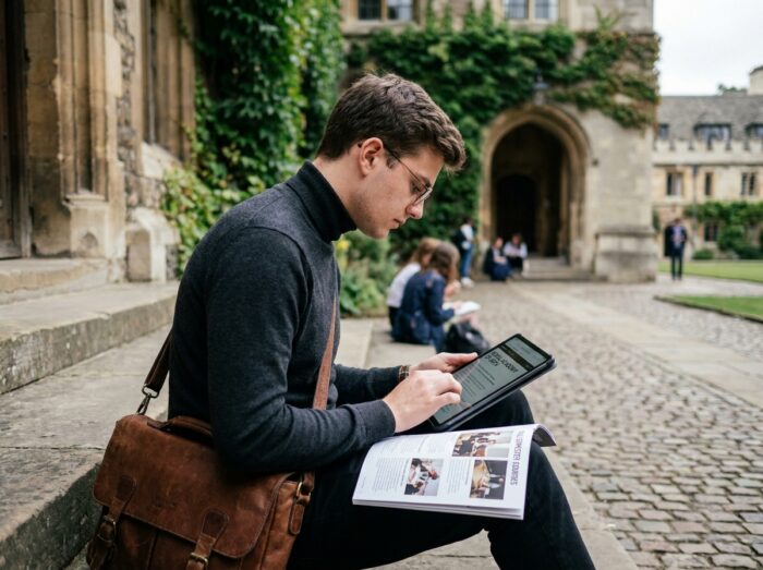 Étudiant en art assis sur des marches extérieures consultant une tablette et une brochure d'école artistique