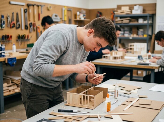 Étudiant en architecture d'intérieur assemblant une maquette à l'échelle en bois et carton dans un atelier de fabrication scolaire