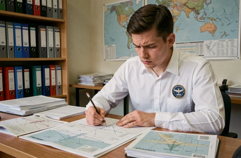 Étudiant en aviation studieux révisant des manuels complexes pour obtenir le permis de pilote, illustrant la difficulté des examens aéronautiques