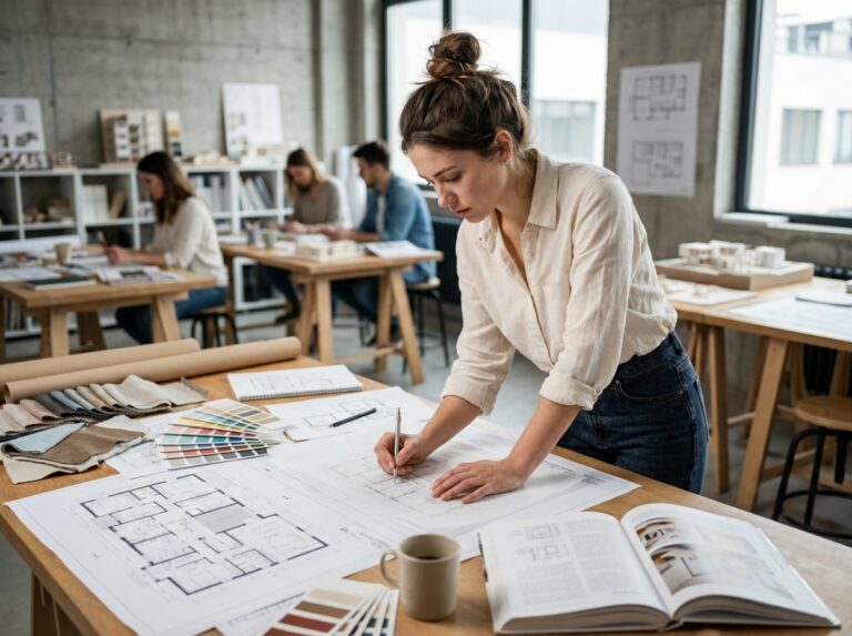 Étudiante en architecture d'intérieur penchée sur une table à dessin couverte de plans et d'échantillons de matériaux dans un atelier universitaire