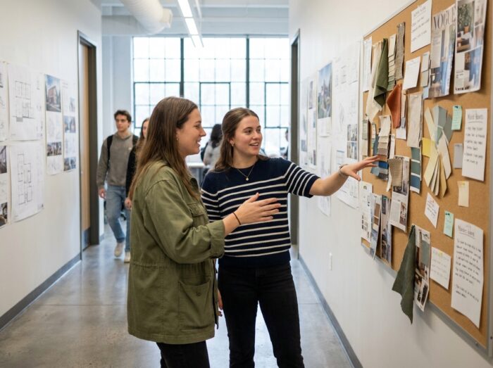 Deux étudiantes en architecture d'intérieur analysant un mood board de matériaux et couleurs affiché dans le couloir d'une école de design