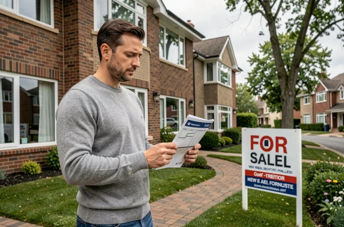 Homme évaluant une maison à vendre en consultant une fiche de présentation immobilière dans un quartier résidentiel