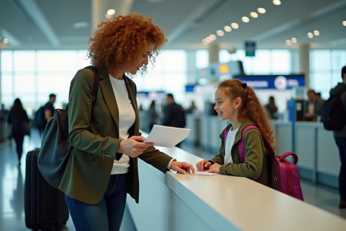 Mère et fille présentant leurs documents de voyage au comptoir d'enregistrement d'un aéroport