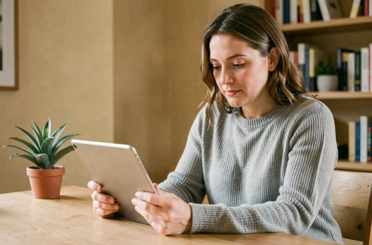 Femme consultant une plateforme d'actualités sur une tablette dans un bureau à domicile minimaliste