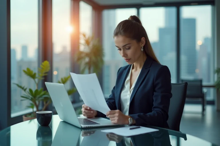 Femme d'affaires professionnelle en blazer marine analysant des documents dans un bureau moderne avec vue sur la ville