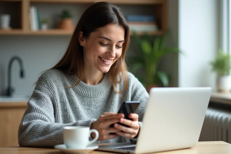 Femme utilisant une application bancaire en ligne sur son smartphone dans sa cuisine moderne