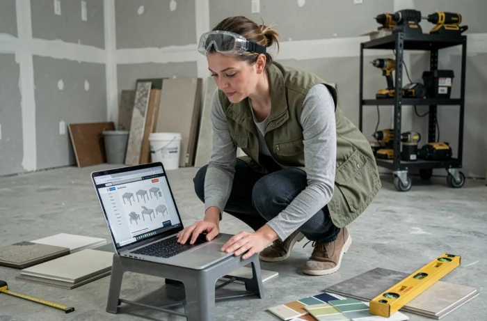 Femme bricolageuse consultant des ressources en ligne sur un ordinateur portable dans un garage aménagé