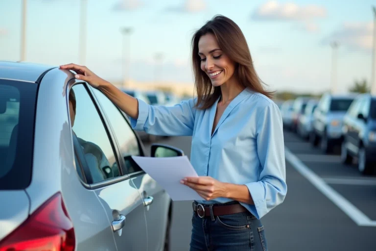 Femme examinant une voiture d'occasion dans un grand parking de concessionnaire automobile
