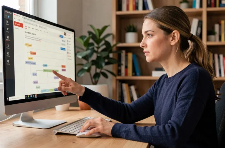 Femme consultant un plan de site web sur un écran d'ordinateur dans un bureau à domicile moderne