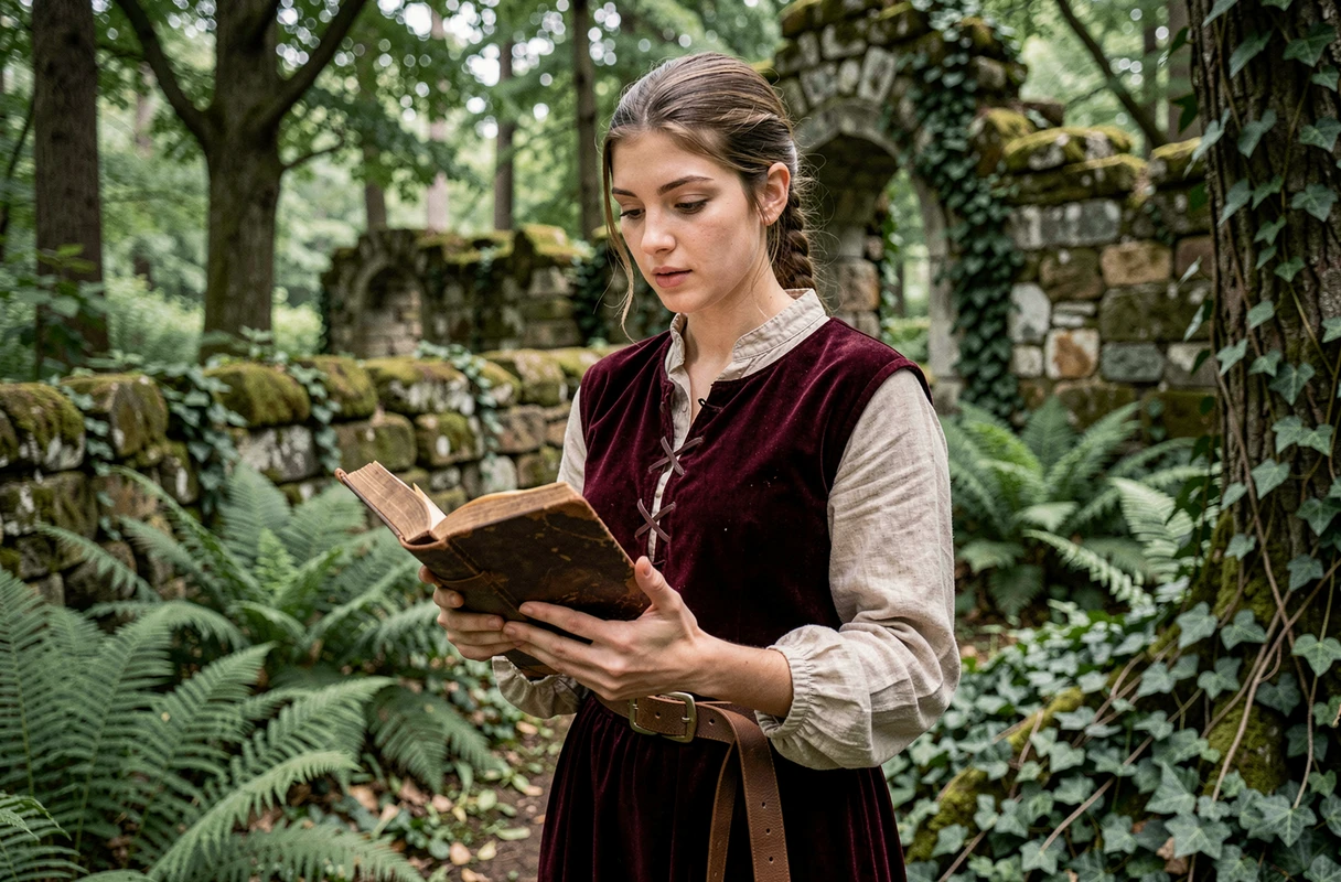 Femme en costume médiéval tenant un grimoire dans une forêt avec des ruines en arrière-plan pour un jeu de rôle grandeur nature