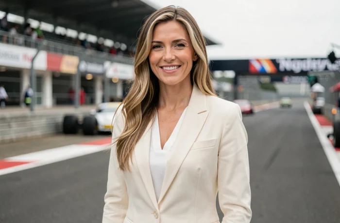 Femme élégante souriante dans un paddock de course automobile, portrait éditorial