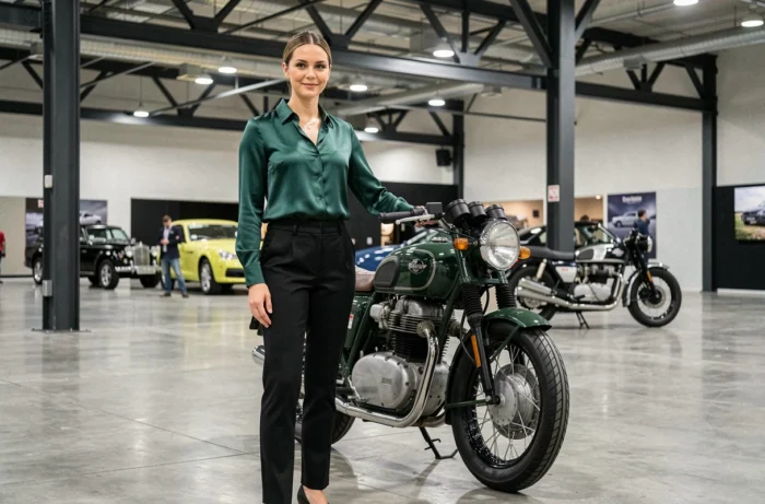 Femme élégante posant près d'une moto vintage dans une exposition automobile haut de gamme