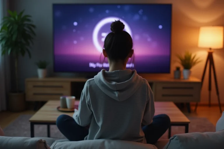 Femme frustrée assise sur un canapé devant un écran Disney Plus avec une erreur de chargement