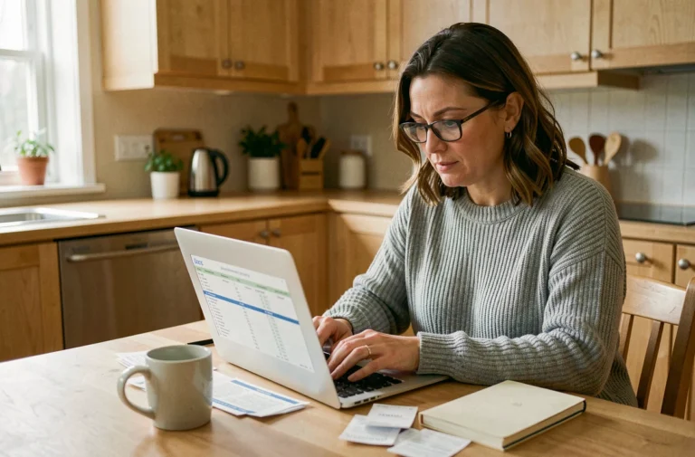 Femme gérant son budget personnel sur un ordinateur portable dans une cuisine moderne avec des documents financiers